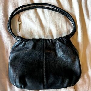 Fossil black pebbled leather shoulder bag with rolled drawstring